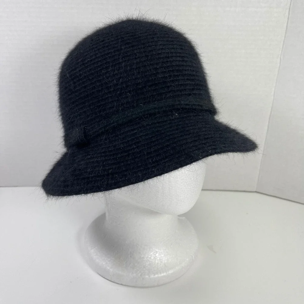 Vintage Nine West Angora Blend Cloche Bucket Hat Womens Black Fuzzy Bow Y2K